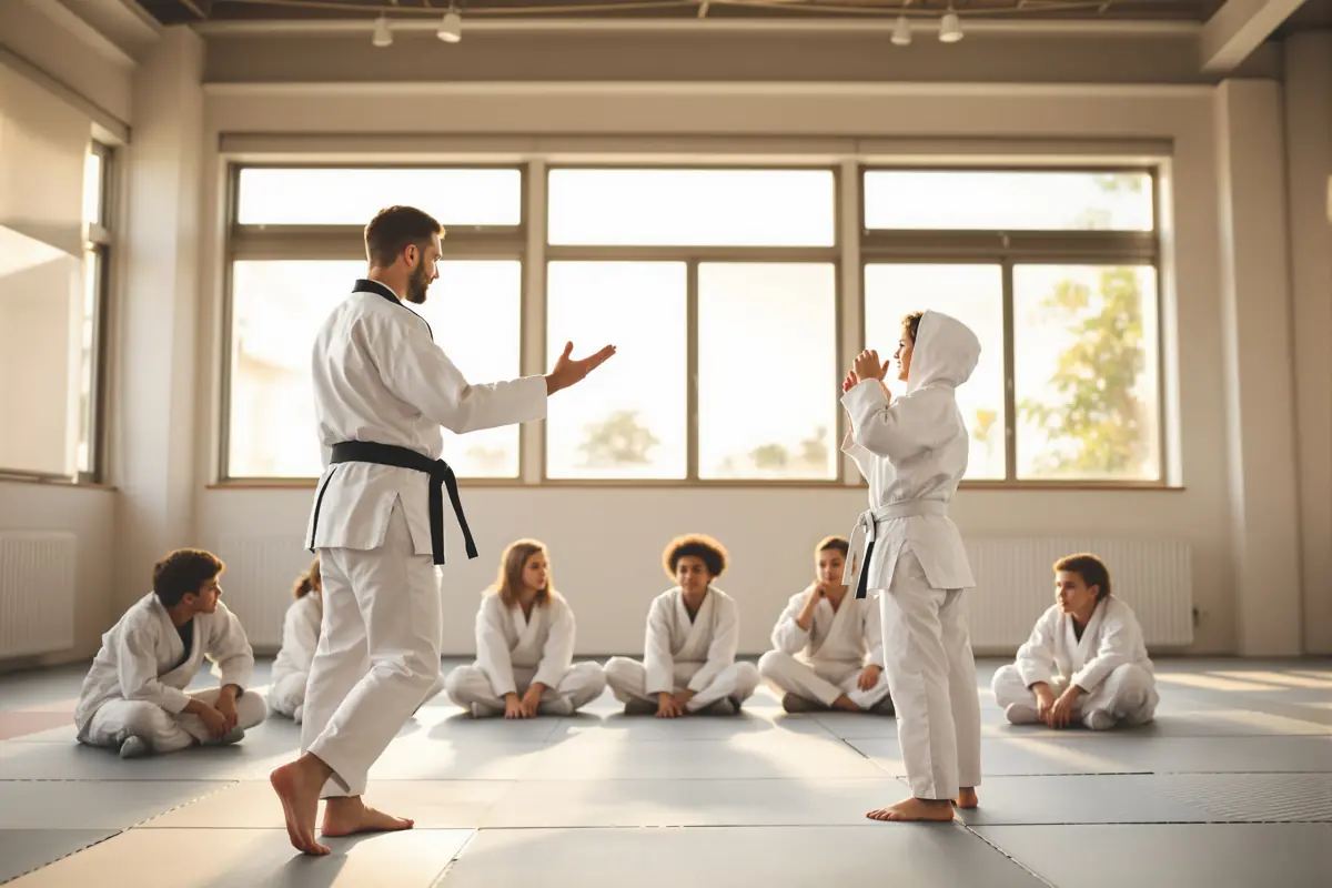 A martial arts instructor coaching a group of teenagers in a bright dojo