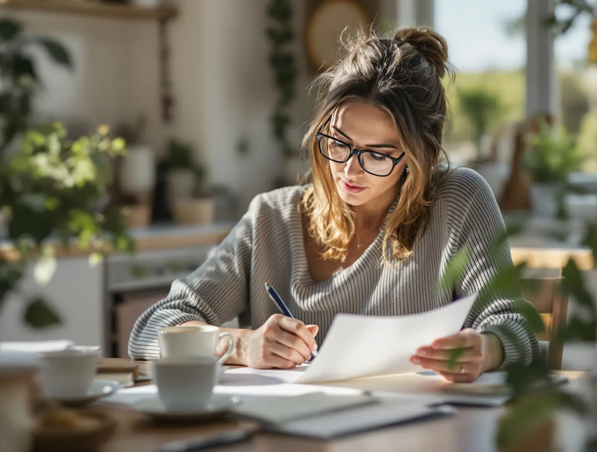 An editor reviewing printed pages with a pen at a sunny kitchen table