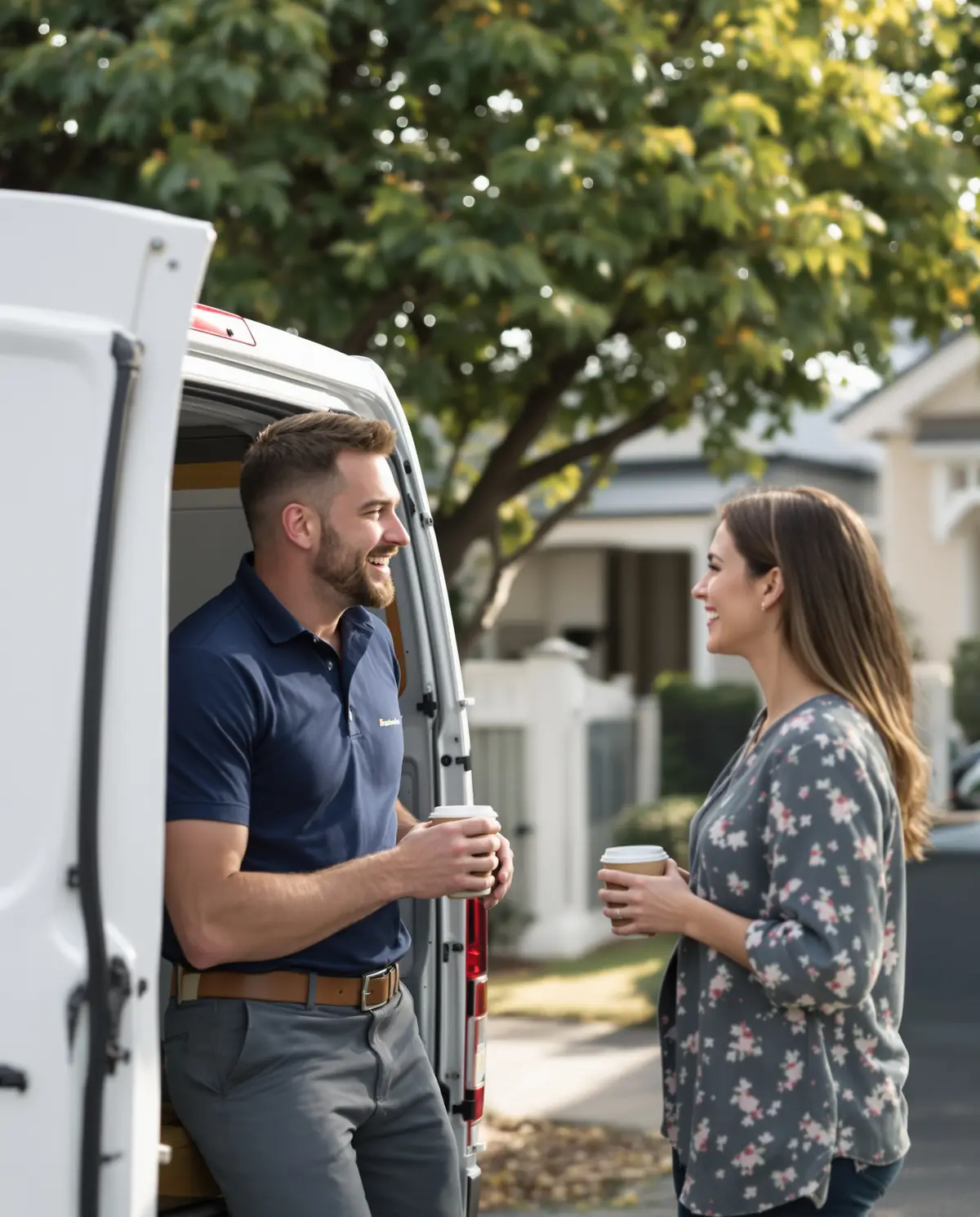 A plumber and business owner chatting with a homeowner beside his work van in a Brisbane street