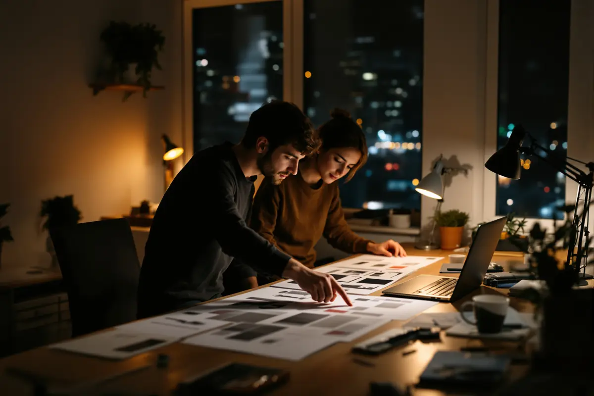 Two designers reviewing printed design proofs together in a small studio